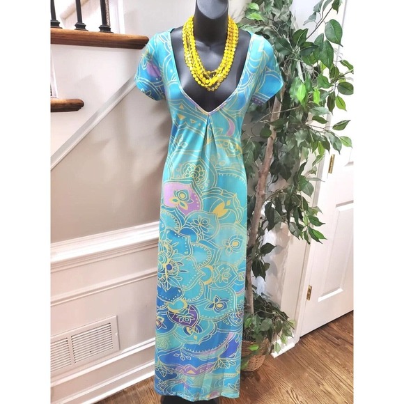 Noracora Women's Blue Floral Cotton V-Neck Short Sleeve Long Maxi Dress Size M - Picture 1 of 11